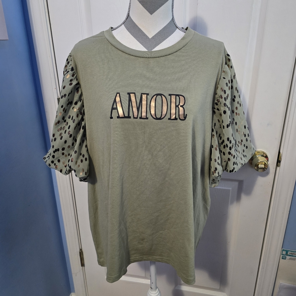 Olive Green Top With Puffy Sleeves Size 3X